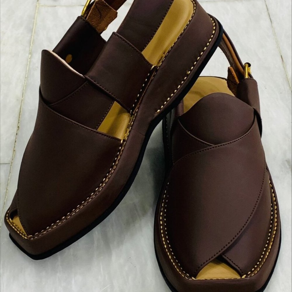 Handmade Leather Peshawar Chappal: Dark Brown Tribal Sandals